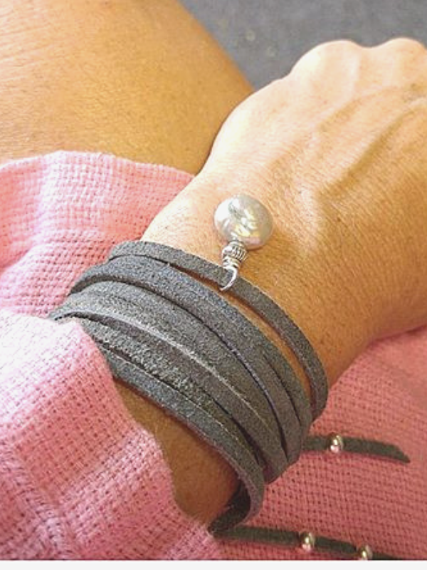 Gray suede white coin pearl wrap